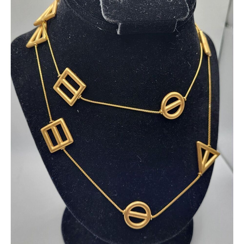 Vintage 80s goldtone Geometric Station Necklace Long Strand 30in